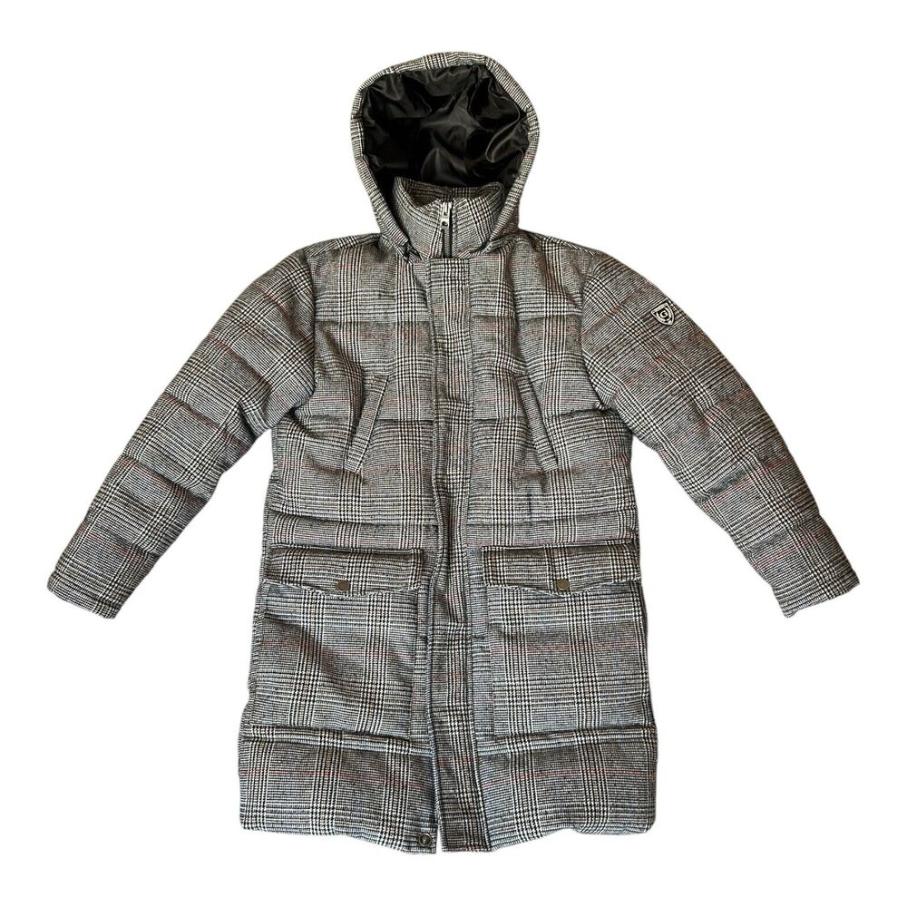 Guess Men’s Glen Plaid Hooded Puffer Jacket Size M Black White EUC
